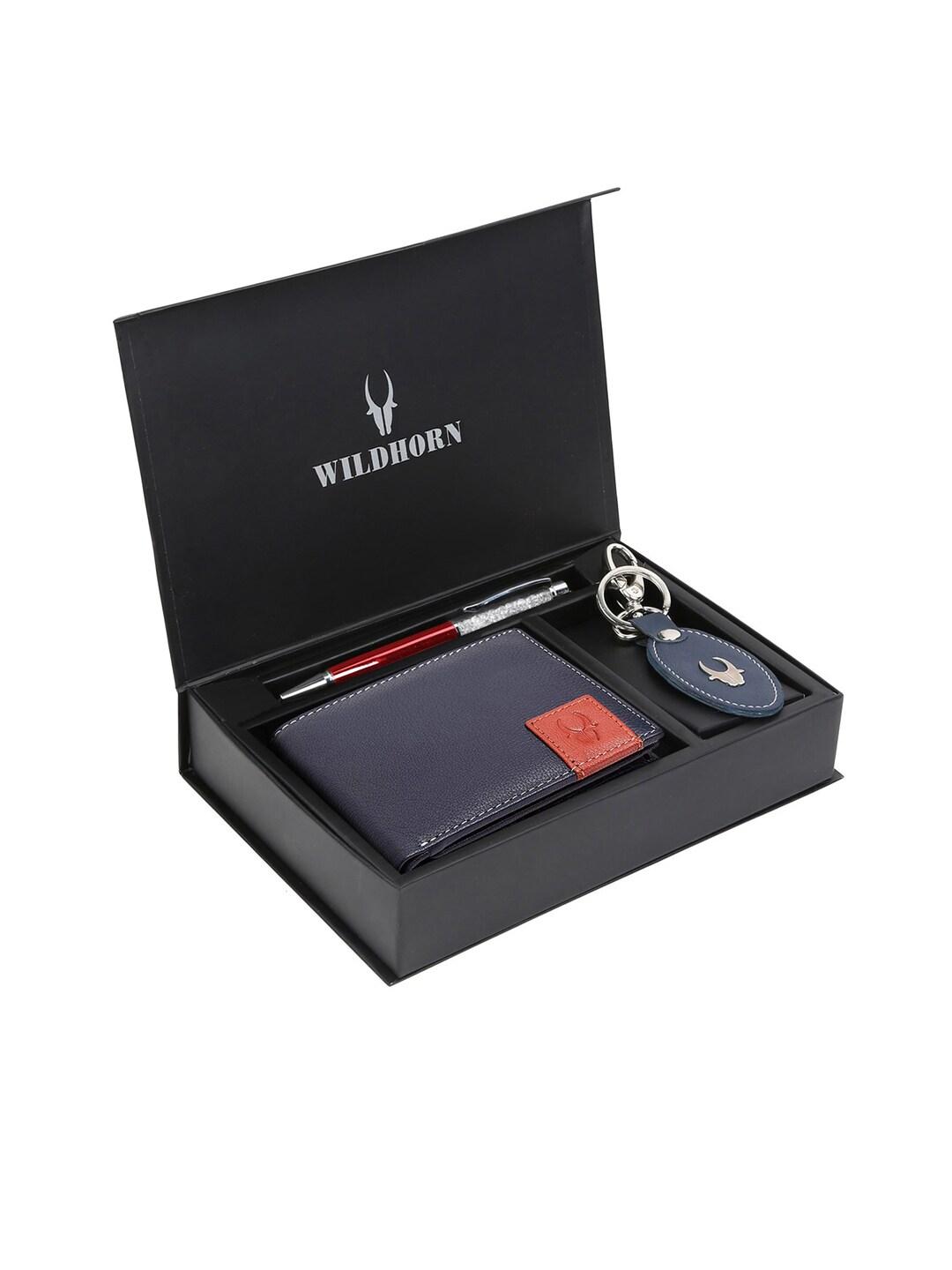 wildhorn men blue & red rfid protected genuine leather accessory gift set