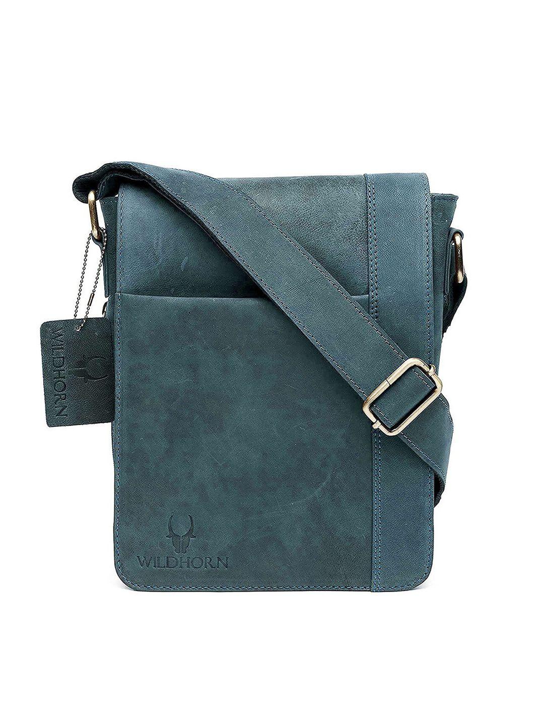 wildhorn men blue solid leather sling messenger bag