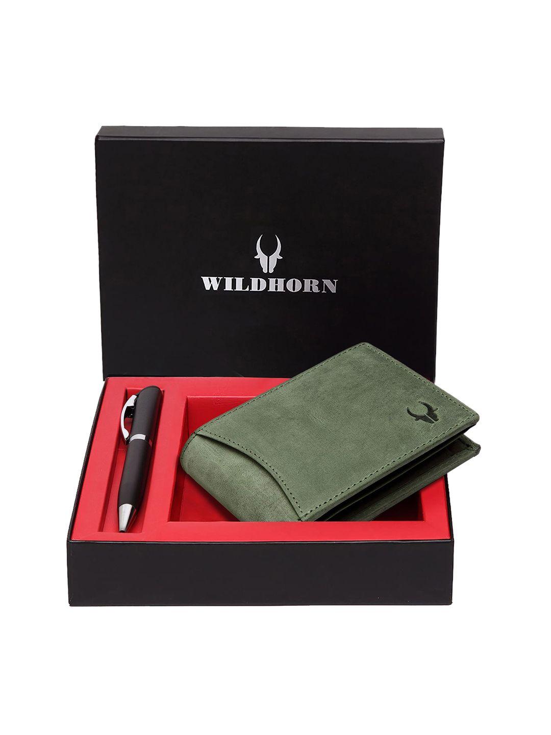 wildhorn men green & black rfid protected genuine leather accessory gift set