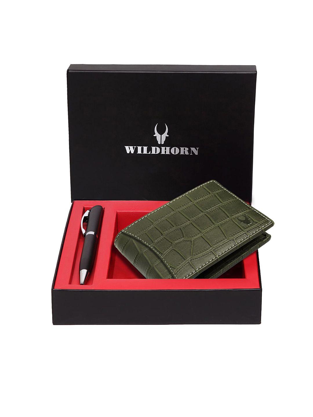 wildhorn men green & black rfid protected genuine leather wallet & pen accessory gift set