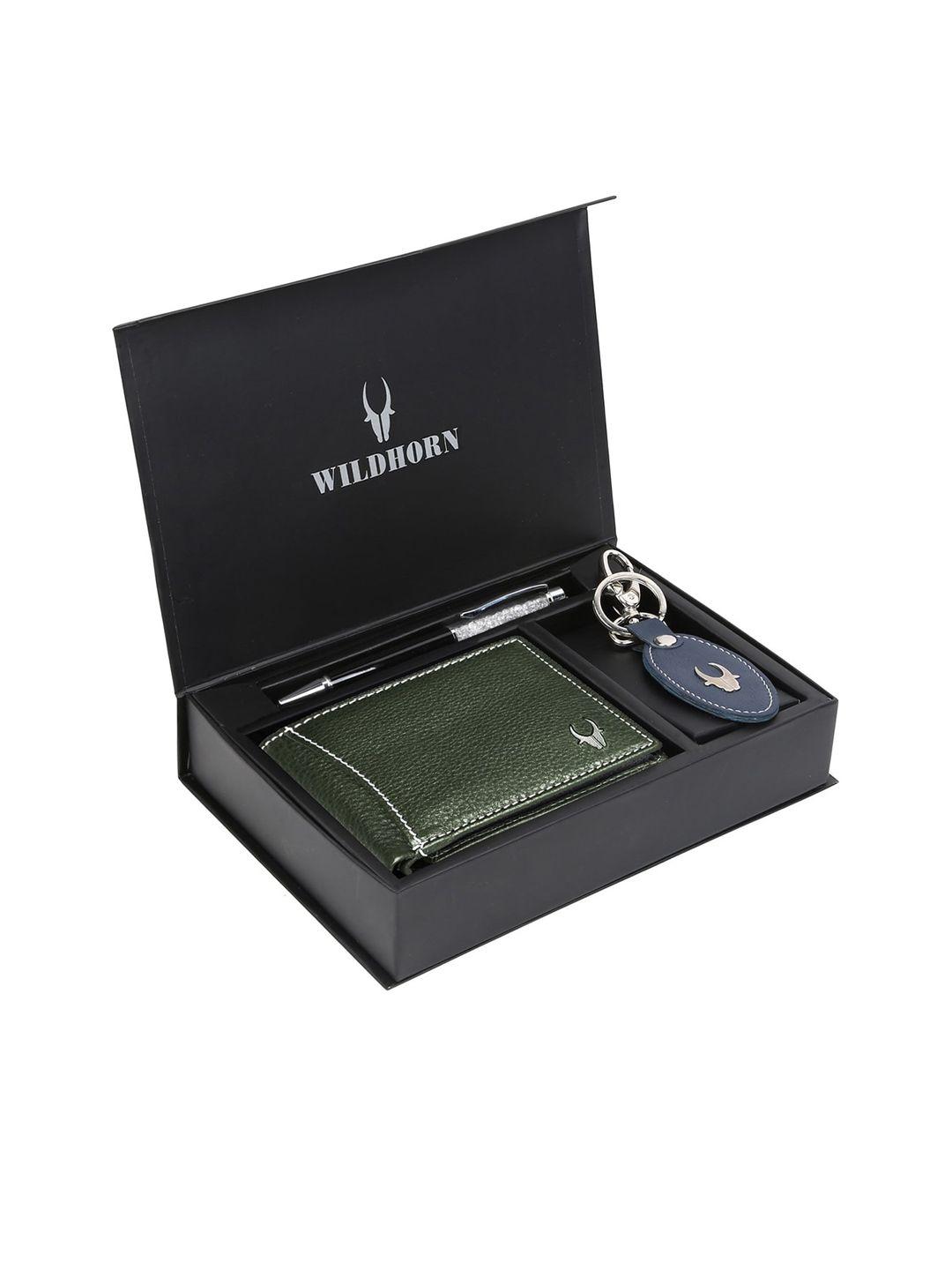 wildhorn men green & blue rfid protected genuine leather accessory gift set