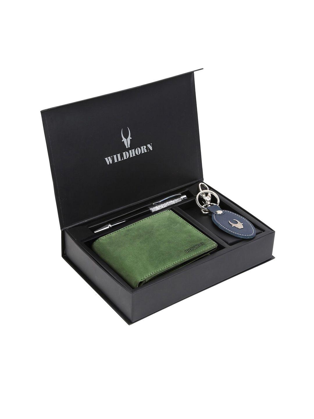 wildhorn men green & blue rfid protected genuine leather accessory gift set