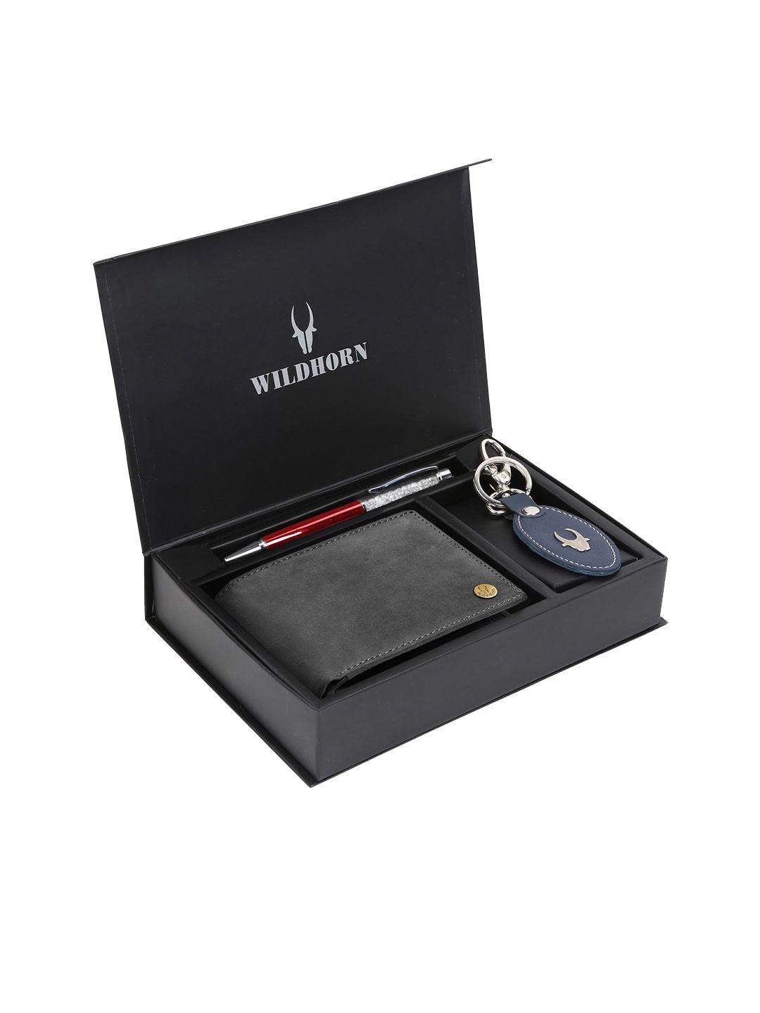 wildhorn men grey & blue rfid protected genuine leather wallet & pen accessory gift set