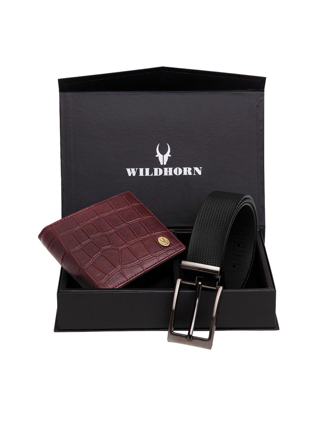 wildhorn men maroon & black rfid protected genuine leather accessory gift set