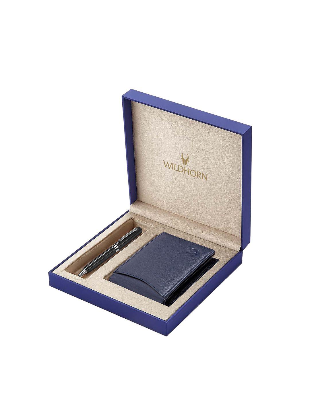 wildhorn men navy blue & black rfid protected genuine leather wallet & pen accessory gift set