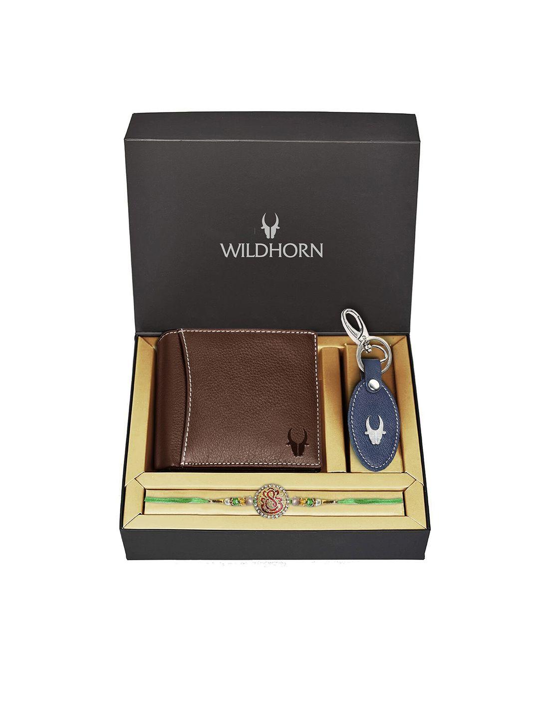 wildhorn brown genuine leather wallet and blue keychain with rakhi combo gift set