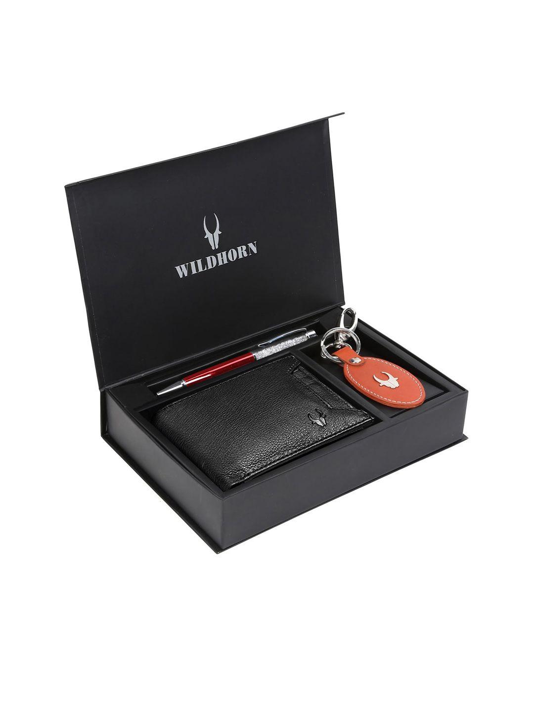 wildhorn men black & orange rfid protected genuine leather wallet & pen accessory gift set