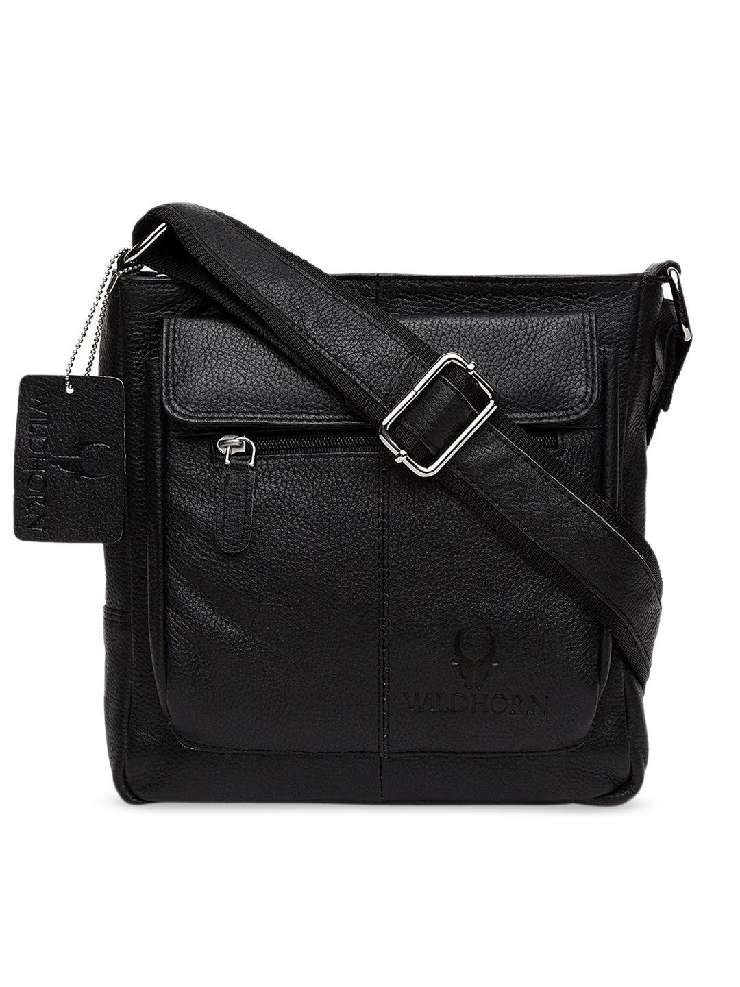 wildhorn men black solid genuine leather messenger bag
