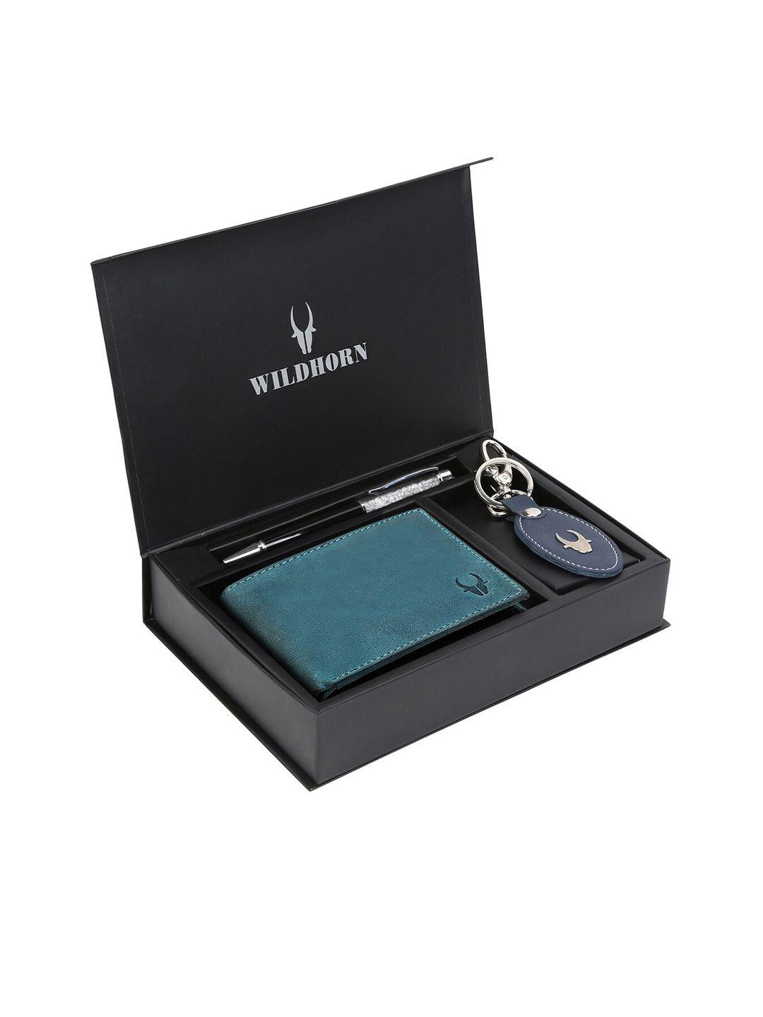 wildhorn men blue & black rfid protected genuine high quality leather accessory gift set