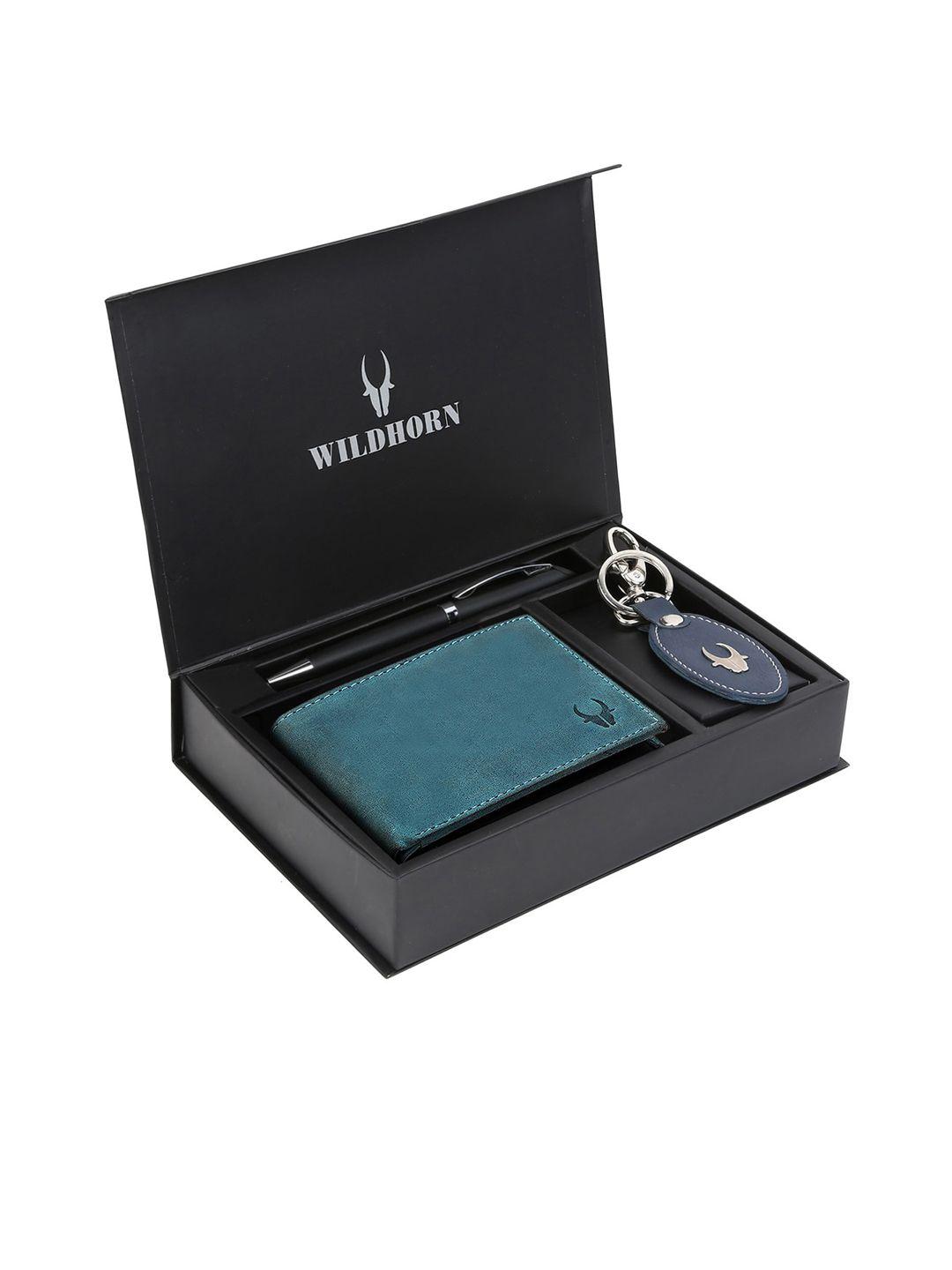 wildhorn men blue & black rfid protected genuine high quality leather accessory gift set