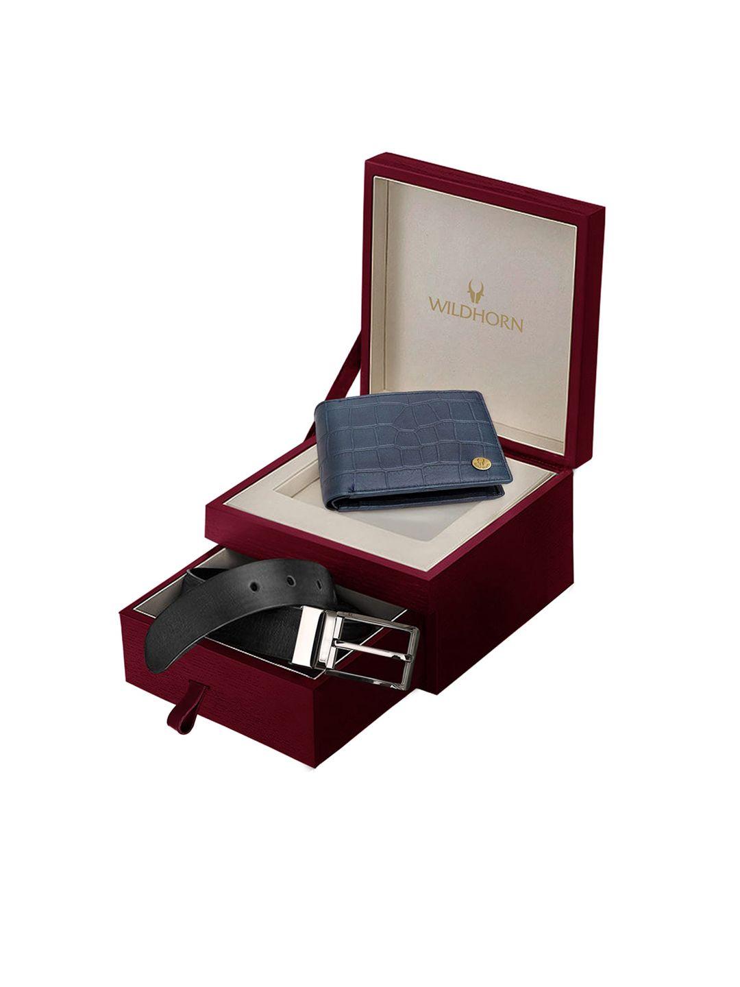 wildhorn men blue & black rfid protected genuine leather wallet & belt accessory gift set