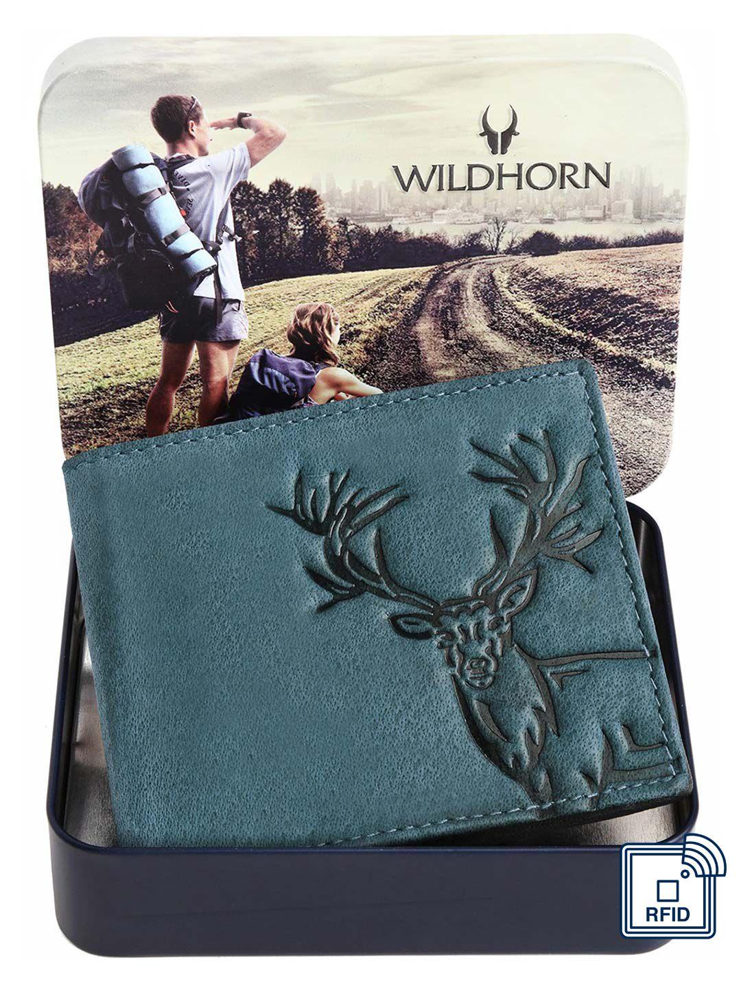 wildhorn men blue & black textured rfid leather two fold wallet