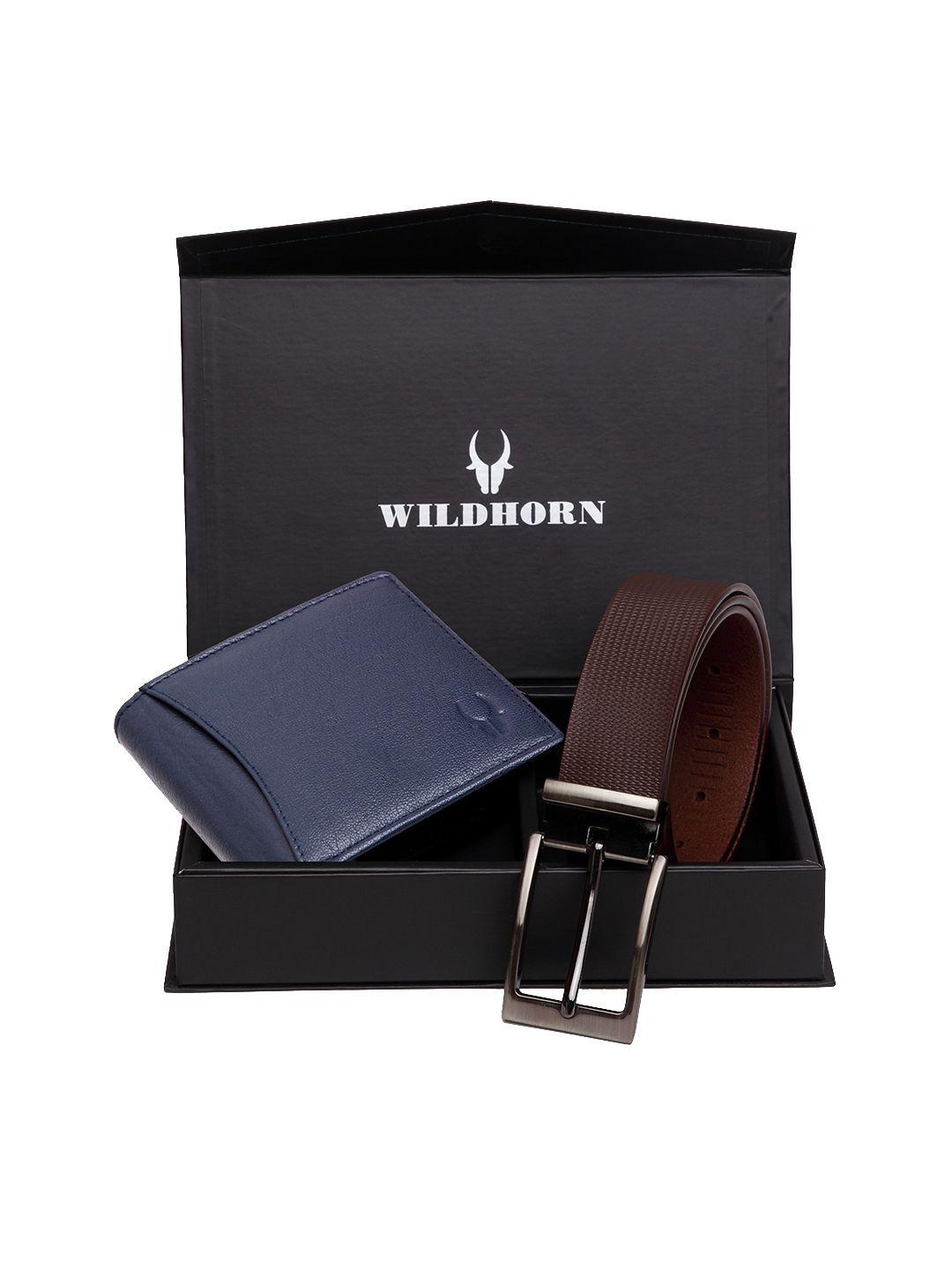 wildhorn men blue & brown rfid protected genuine leather accessory gift set