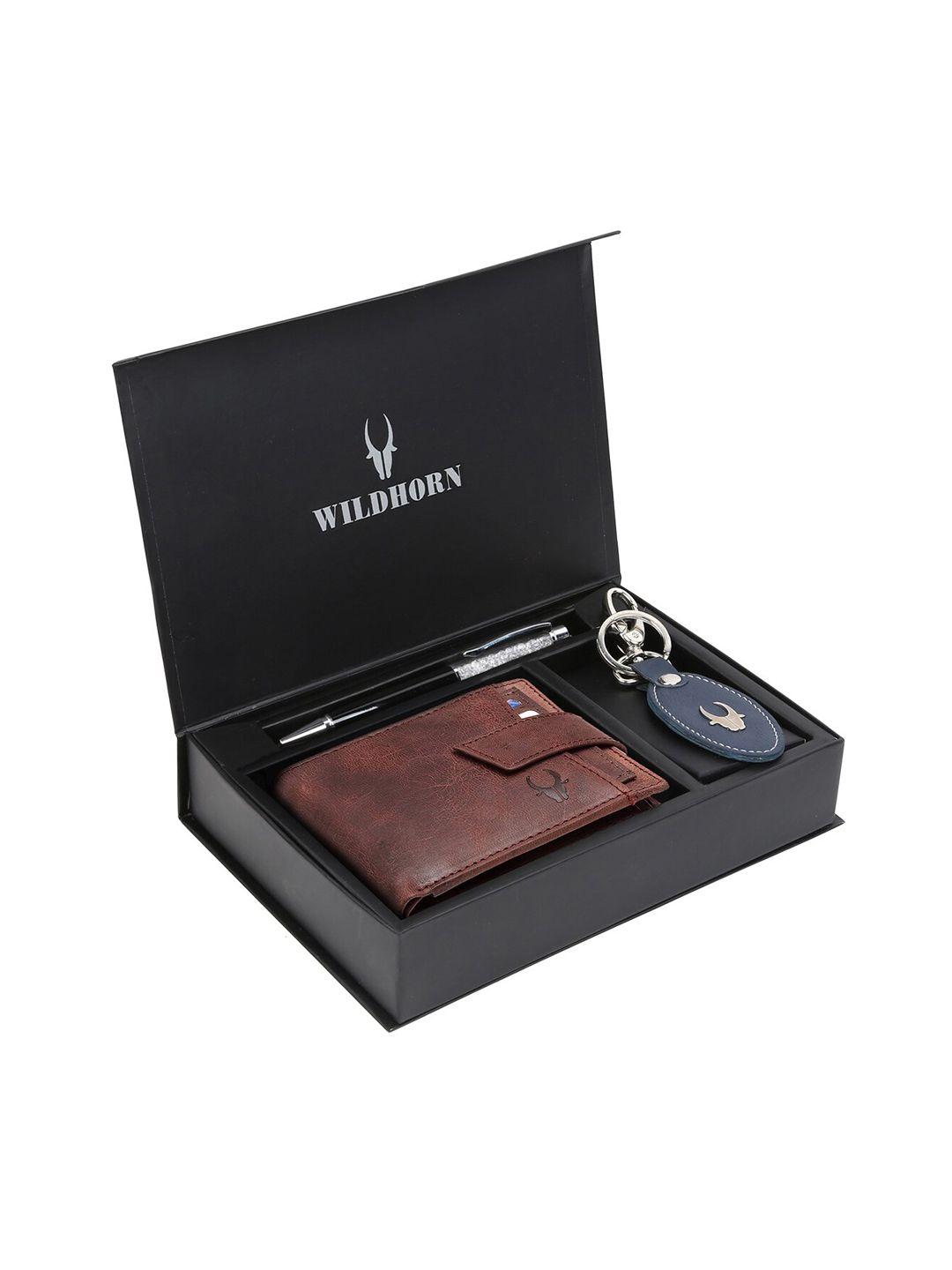 wildhorn men blue & orange rfid protected genuine leather accessory gift set