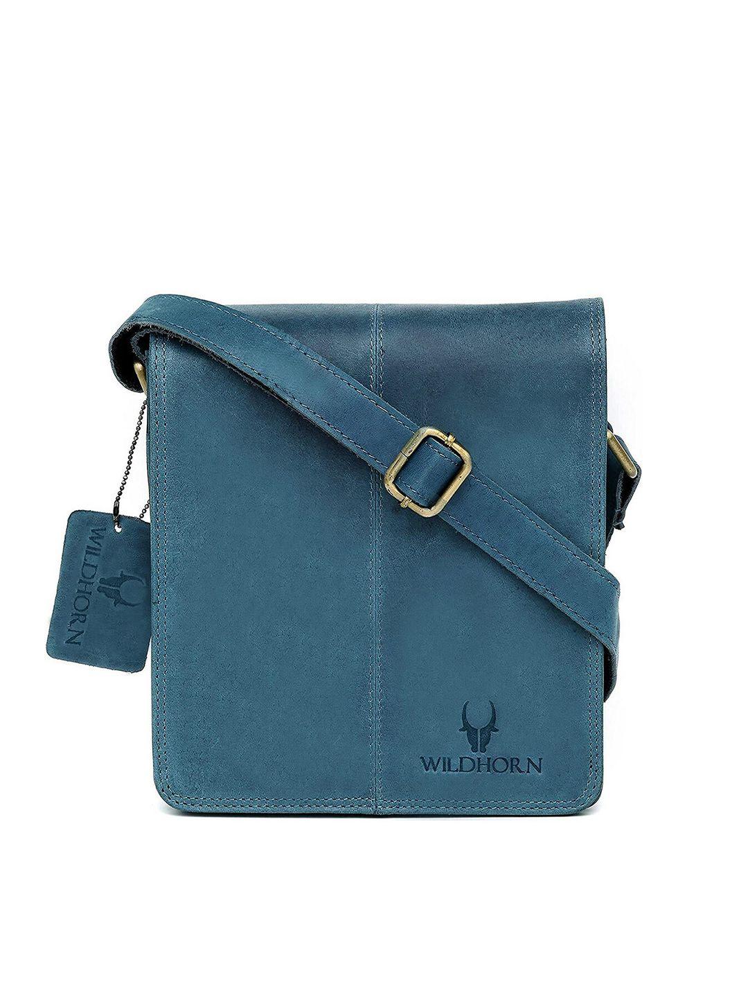 wildhorn men blue solid genuine leather messenger sling bag