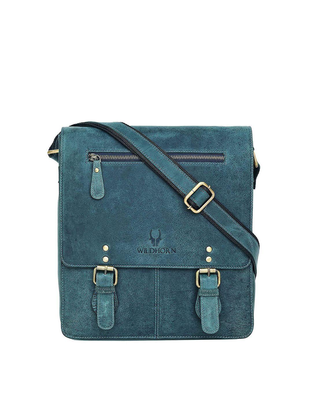 wildhorn men blue textured genuine leather messenger bag