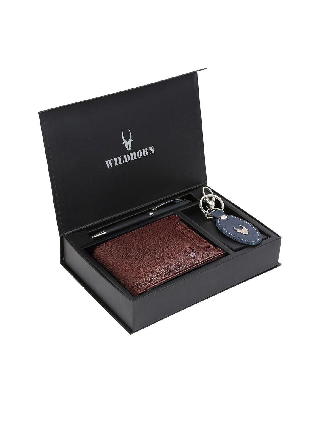 wildhorn men brown & blue rfid protected genuine leather wallet & pen accessory gift set