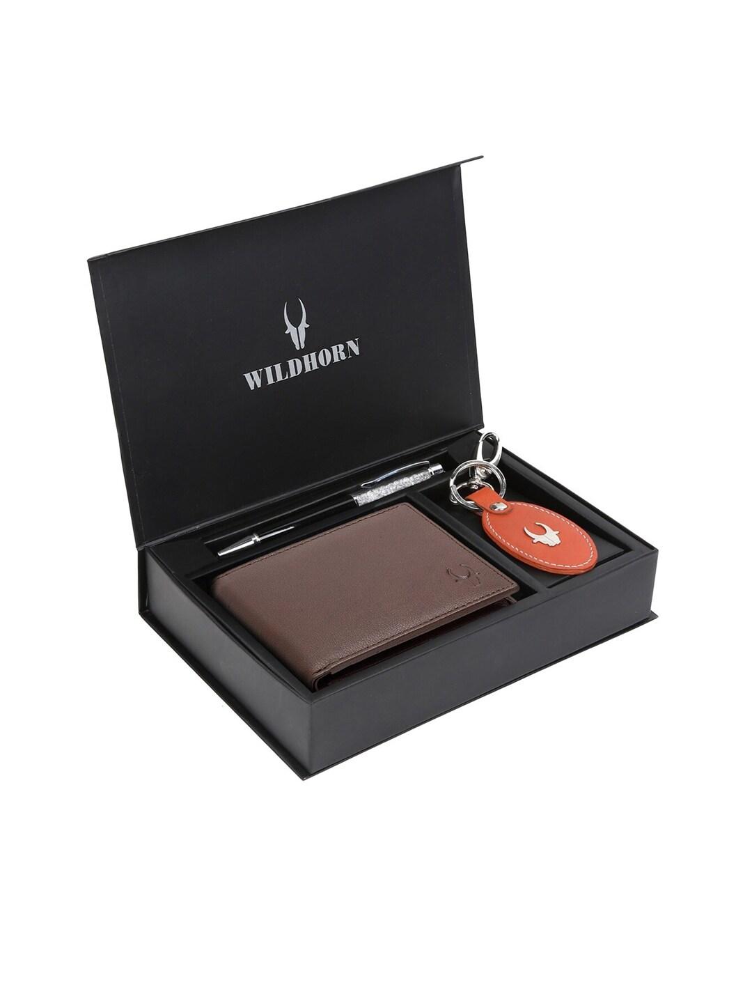 wildhorn men brown & blue rfid protected genuine leather wallet gift set