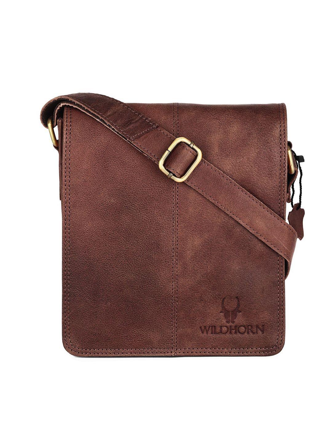 wildhorn men brown & gold-toned leather messenger bag