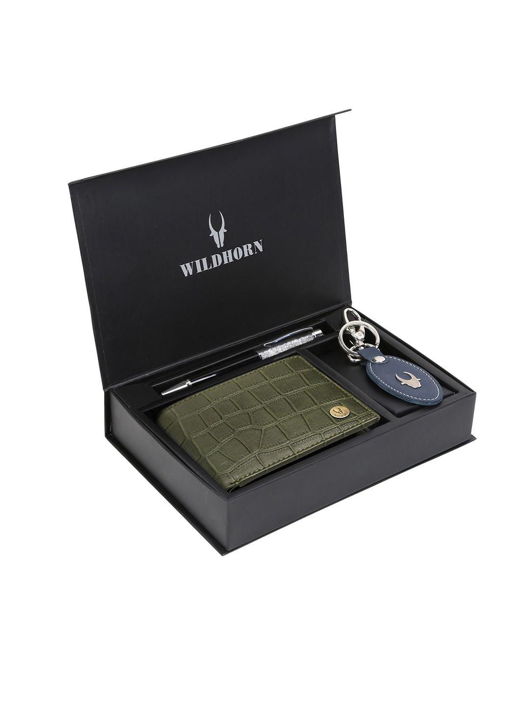 wildhorn men green & blue rfid protected genuine leather wallet & pen accessory gift set