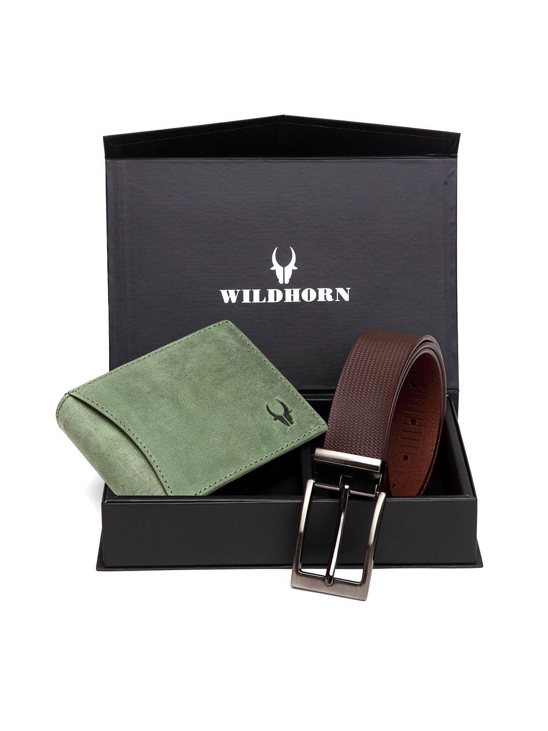 wildhorn men green & brown rfid protected genuine leather accessory gift set