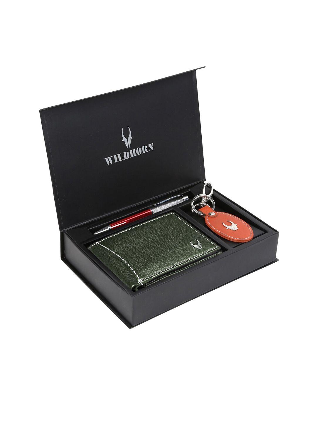 wildhorn men green & orange rfid protected genuine leather accessory gift set