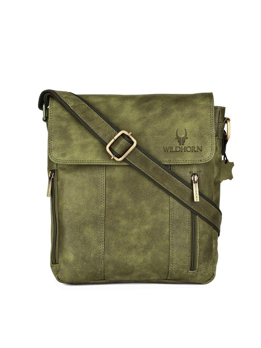 wildhorn men green leather messenger bag