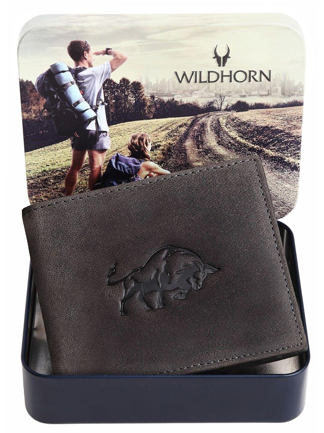 wildhorn men grey & black graphic printed leather two fold wallet with rfid