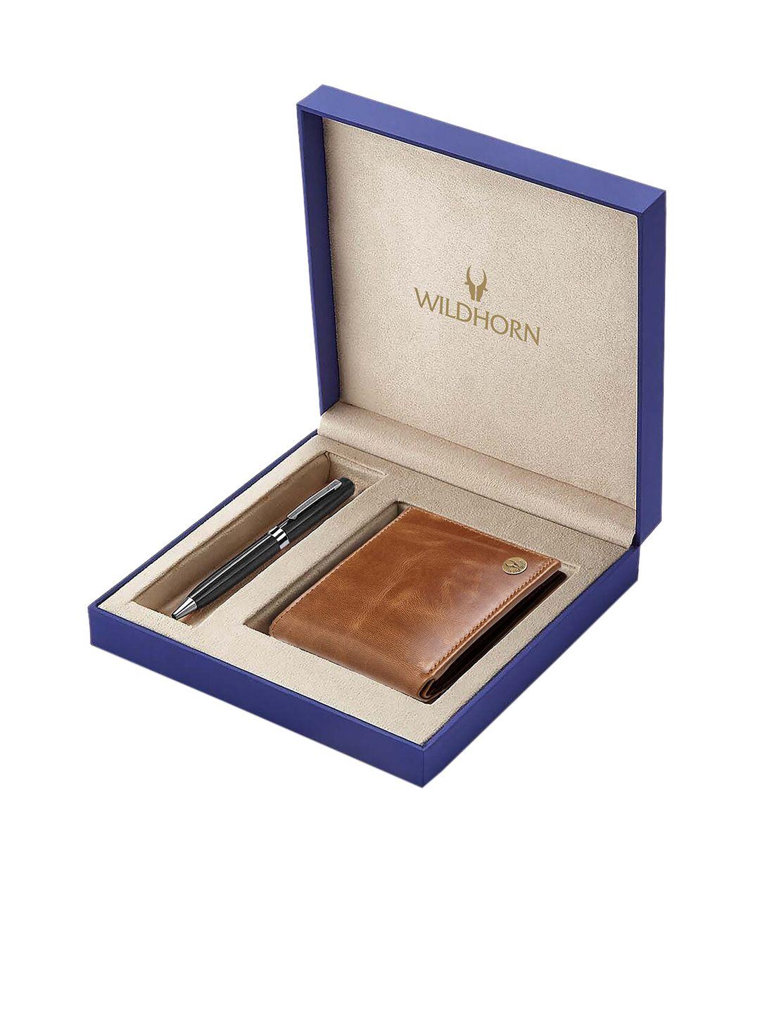 wildhorn men tan brown & black rfid protected genuine leather wallet & pen accessory gift set