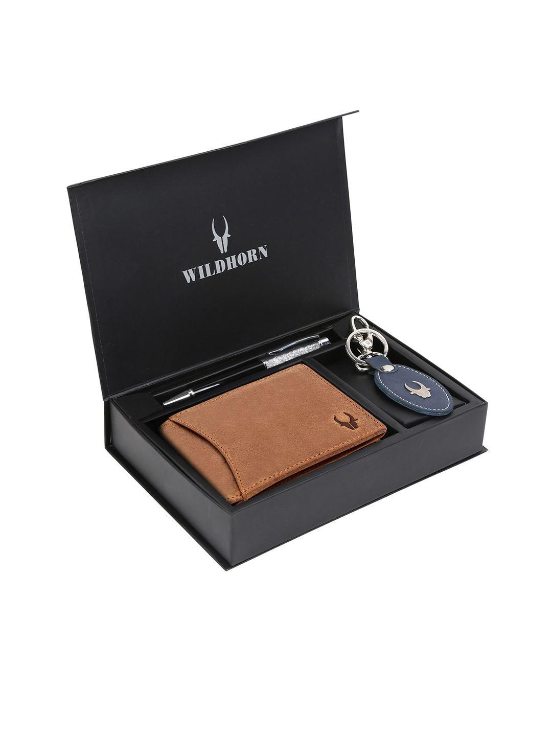 wildhorn men tan brown & blue rfid protected genuine high quality leather accessory gift set