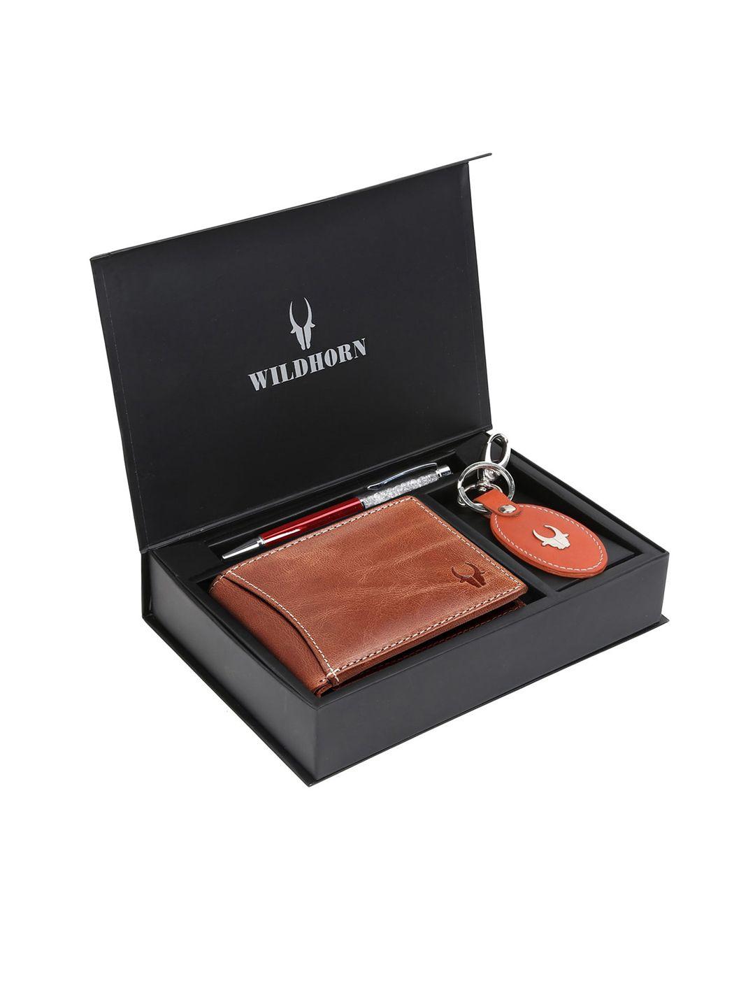 wildhorn men tan brown & orange rfid protected genuine leather wallet & pen accessory gift set