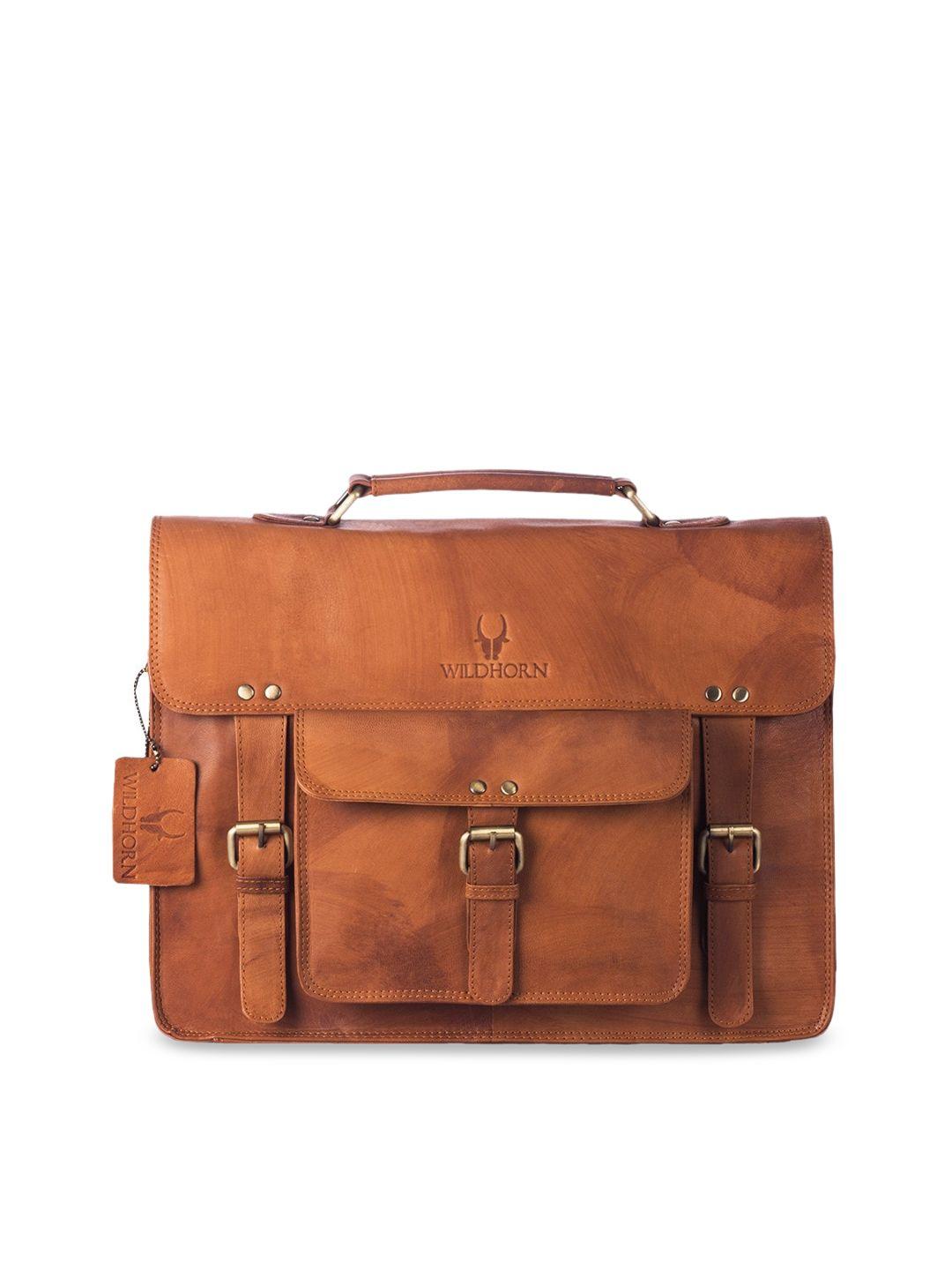 wildhorn men tan brown solid 15 inch leather laptop bag