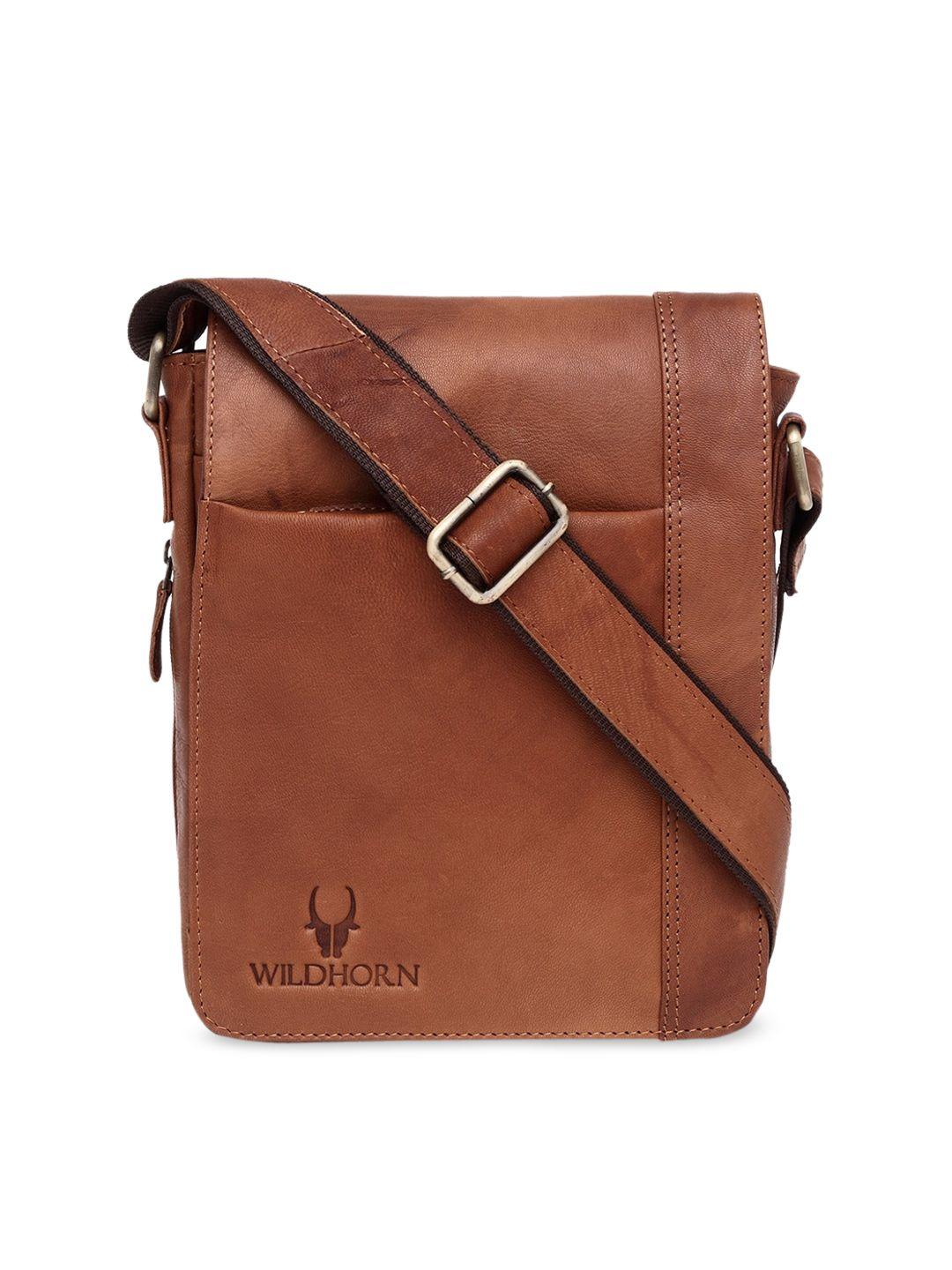 wildhorn men tan brown solid genuine leather messenger bag