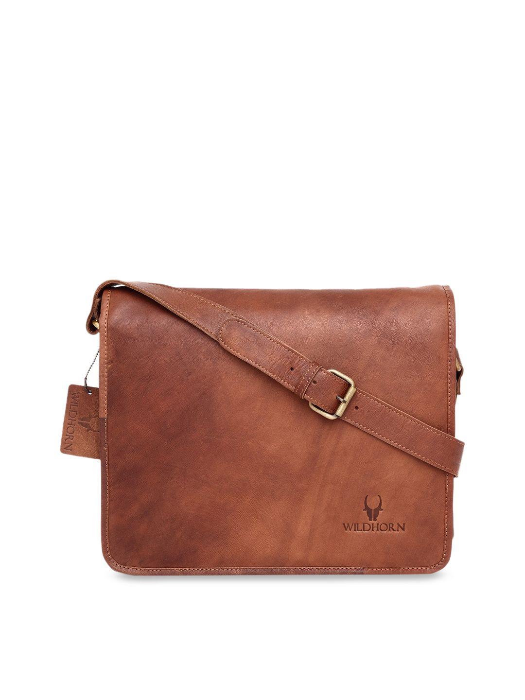 wildhorn men tan brown textured genuine leather messenger bag
