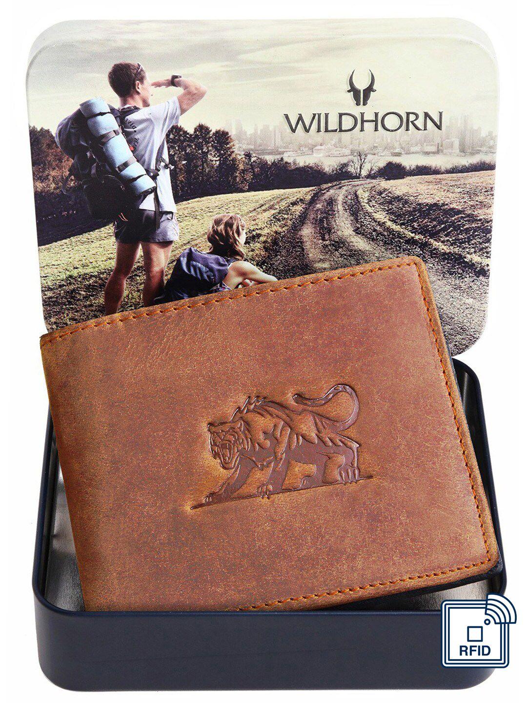 wildhorn men tan self design rfid leather two fold wallet