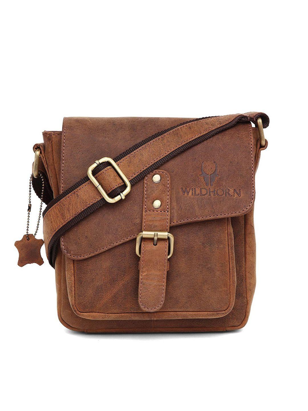 wildhorn men tan solid leather sling messenger bag