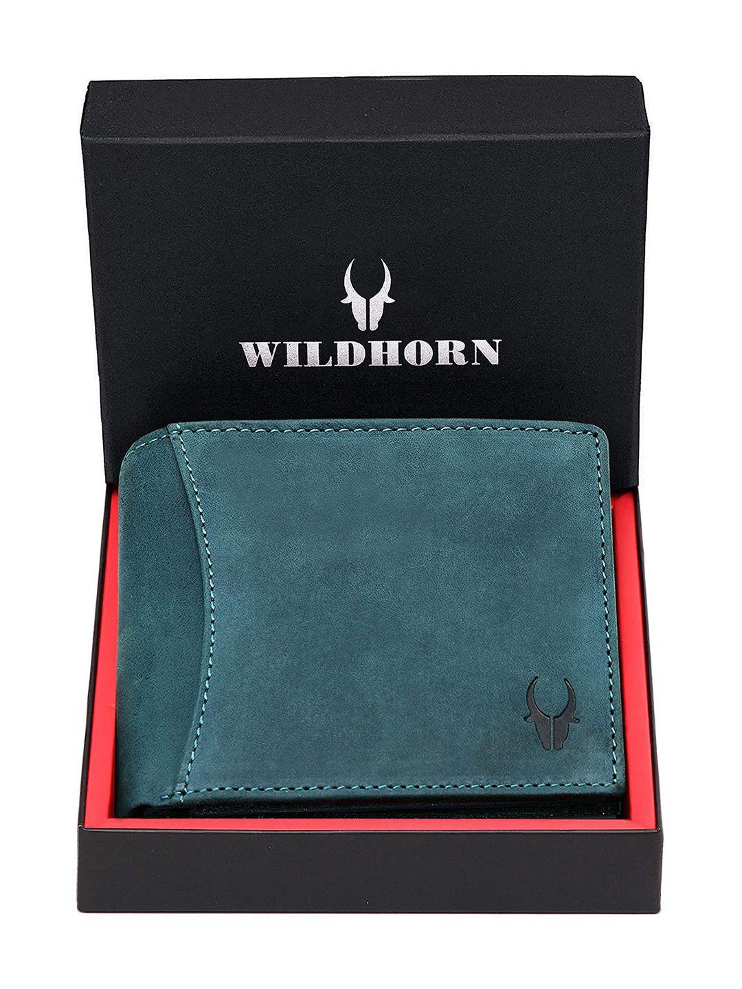 wildhorn men teal solid rfid protected leather two fold wallet