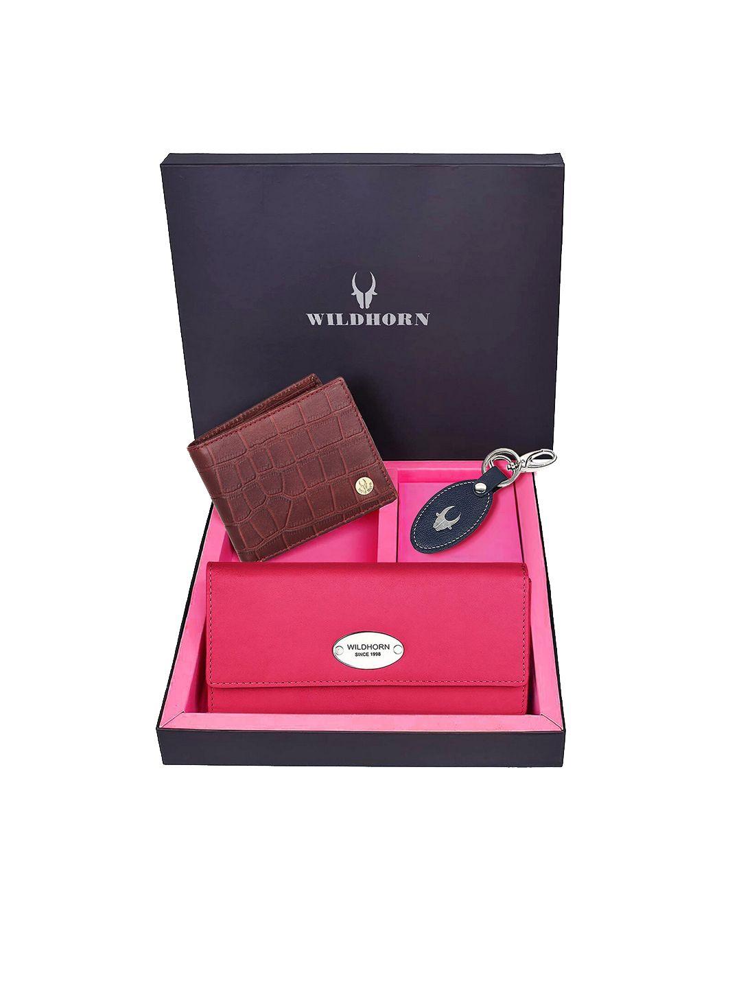 wildhorn unisex brown & pink solid premium leather accessory gift set