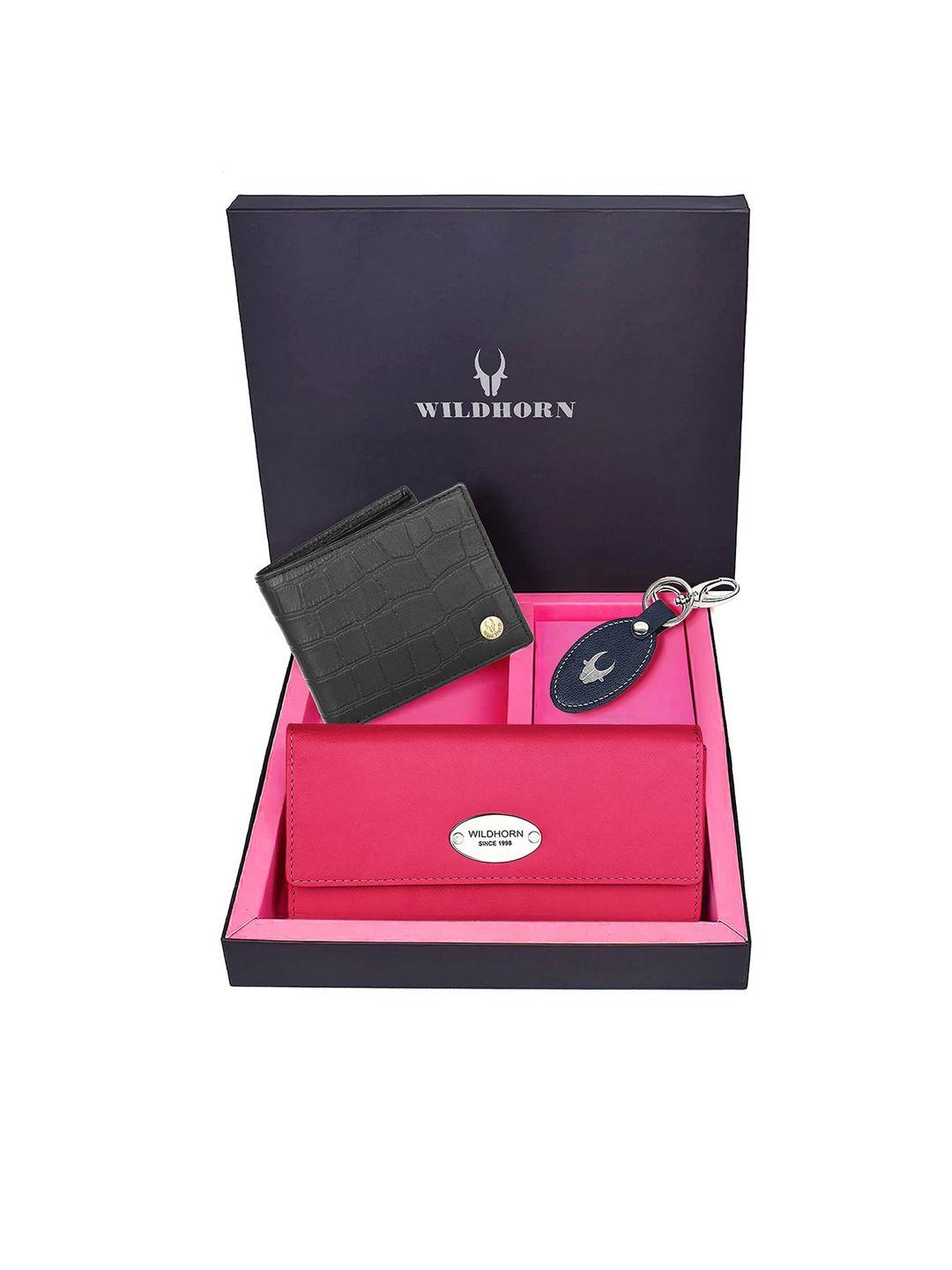 wildhorn unisex pink & black solid  leather accessory gift set