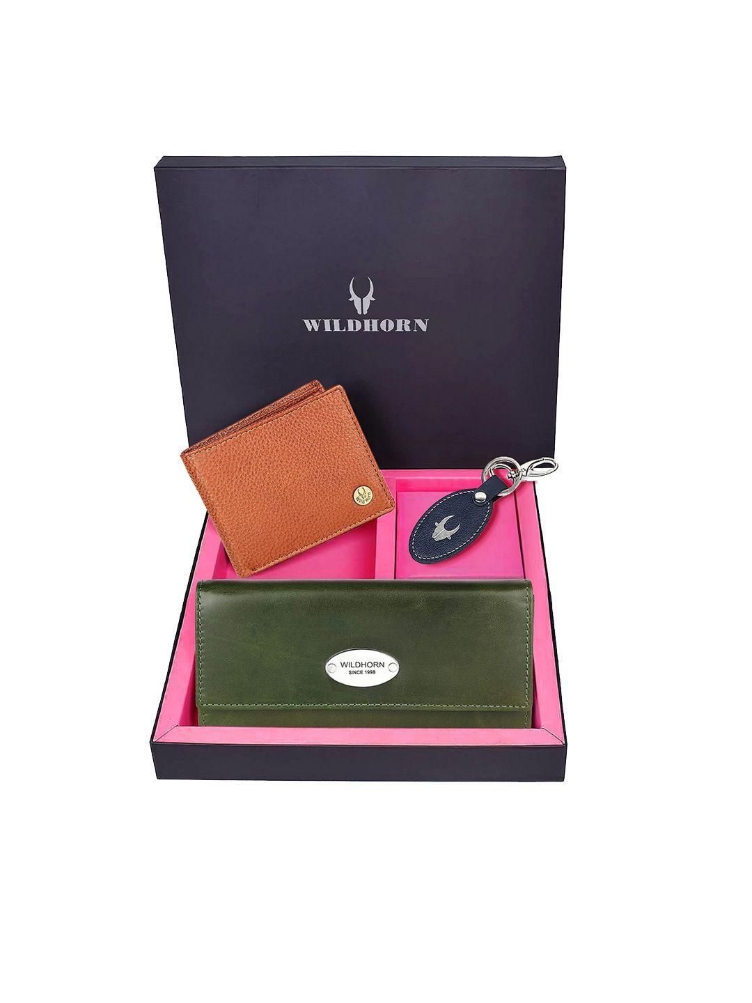 wildhorn unisex tan-brown & green solid premium leather accessory gift set