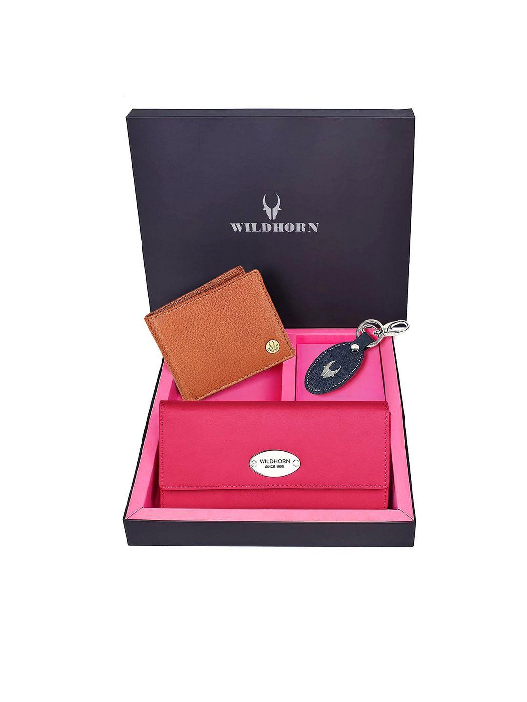 wildhorn unisex tan-brown & pink solid premium leather accessory gift set