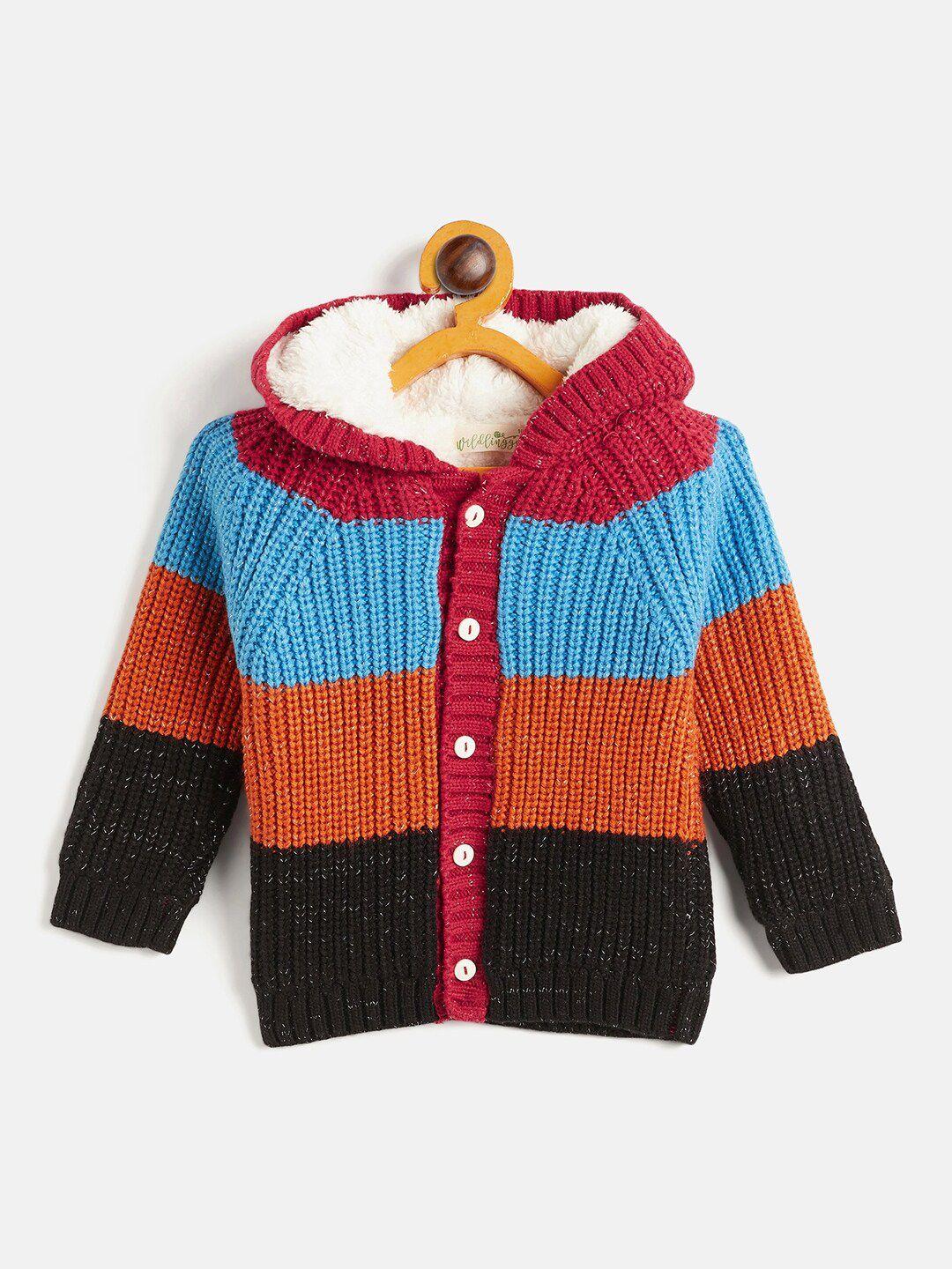 wildlinggs kids colourblocked long sleeves pure cotton fur hood cardigan sweater