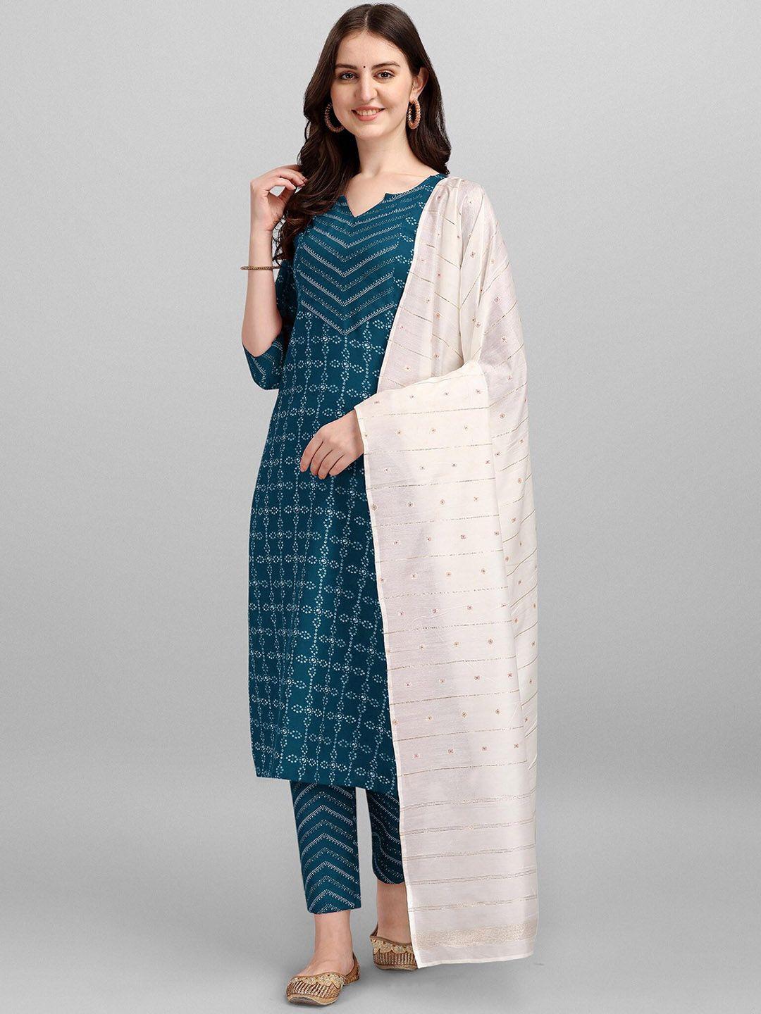 wilnercrown bandhani printed notch neck pure cotton straight kurta with trousers & dupatta