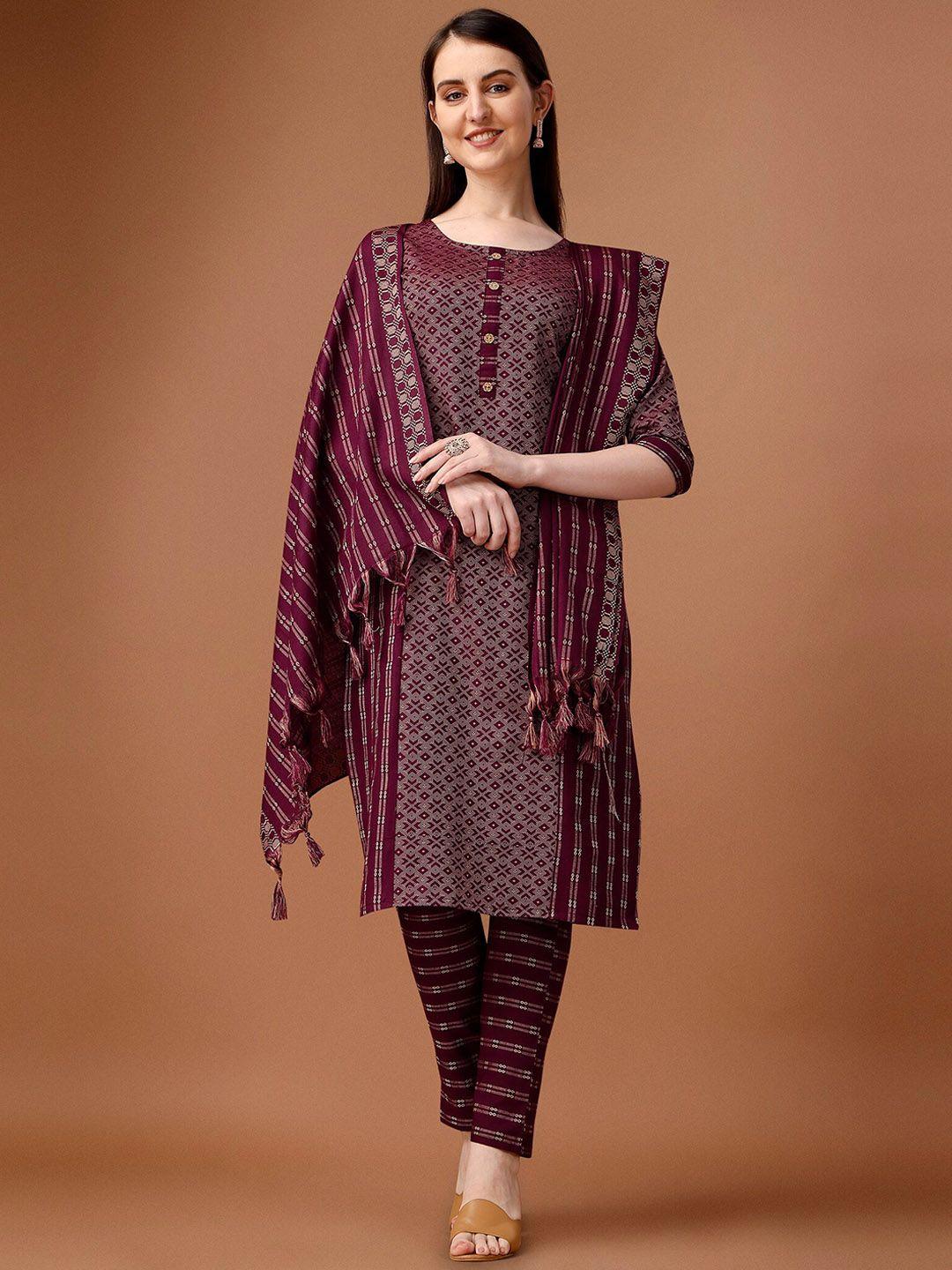 wilnercrown geometric woven design pure cotton straight kurta with trousers & dupatta