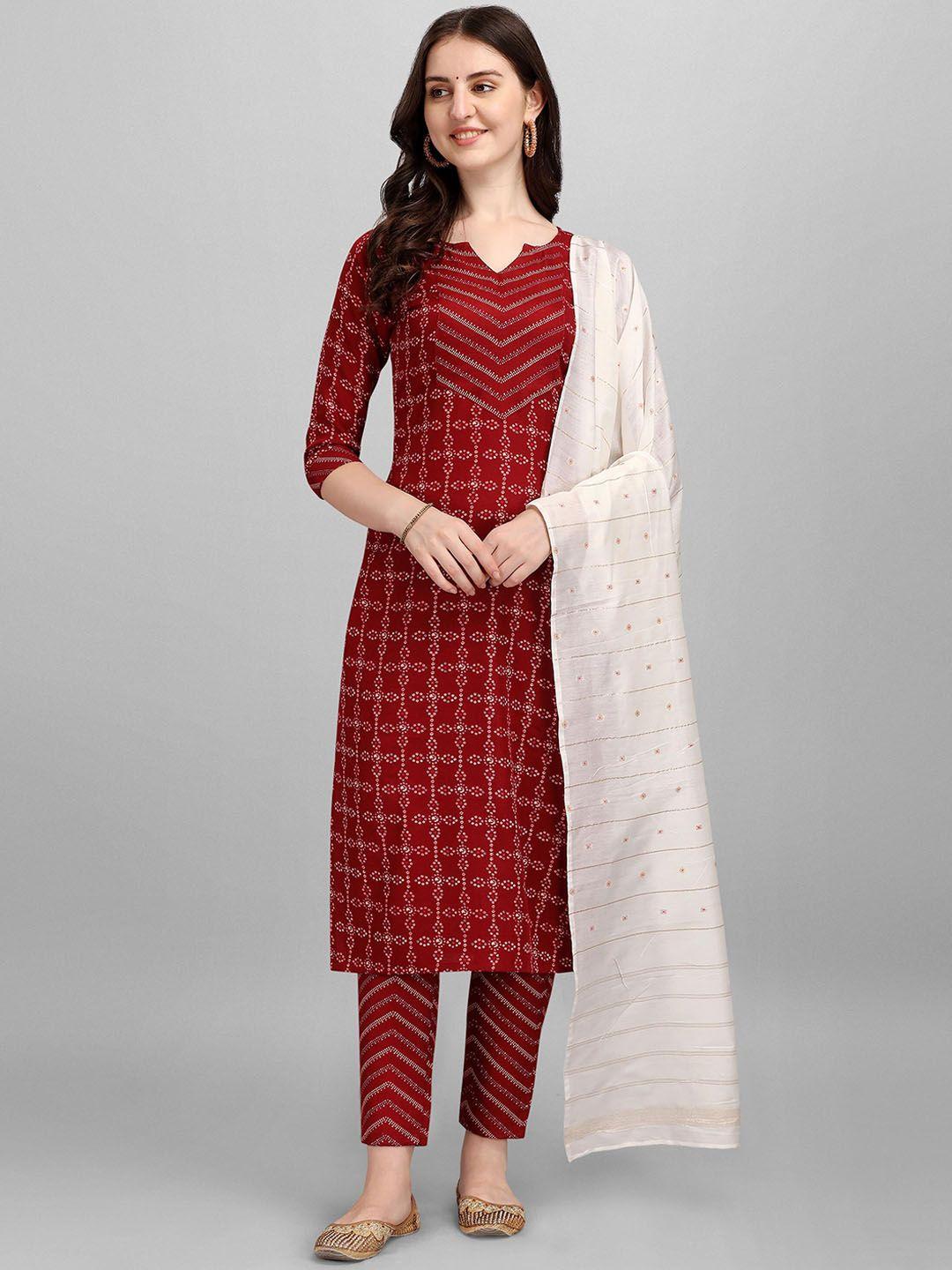 wilnercrown printed notched neck pure cotton straight kurta with trouser & dupatta