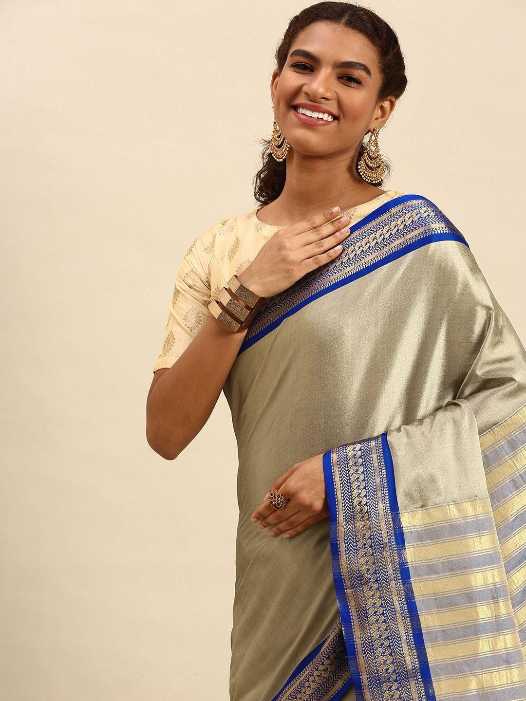 wilori beige & blue silk cotton mysore silk saree