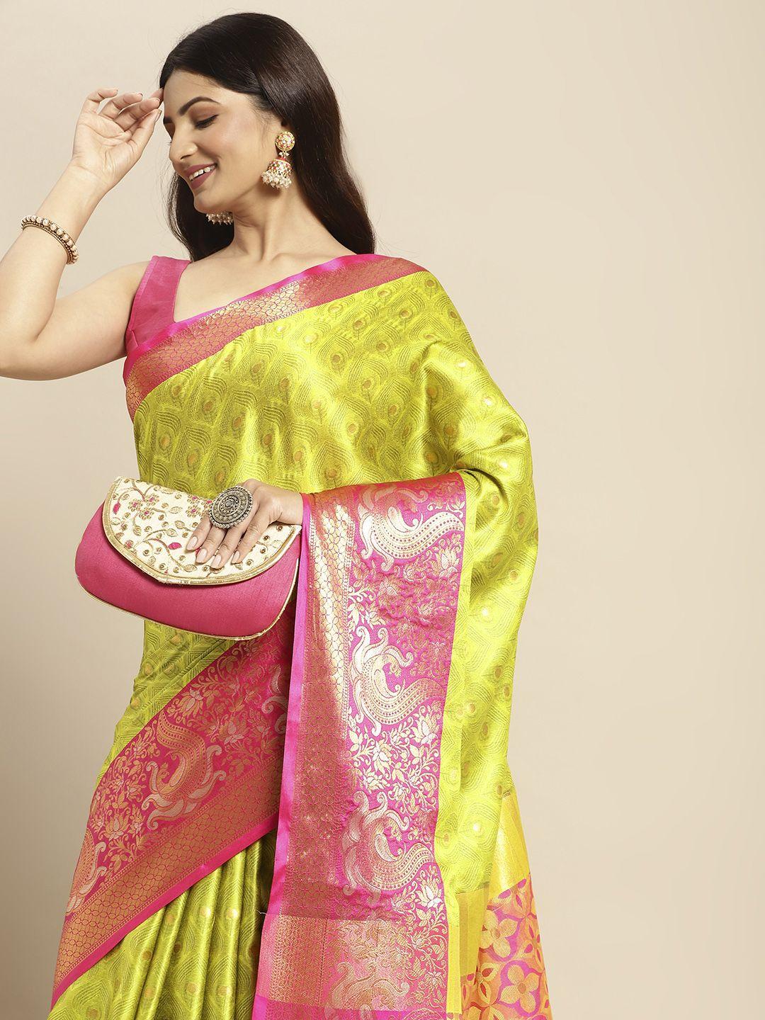 wilori lime green & pink ethnic motifs silk cotton mysore silk saree