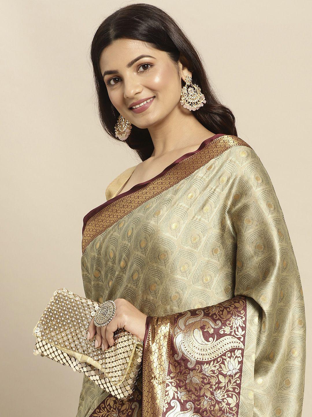 wilori beige & brown ethnic motifs silk cotton mysore silk saree