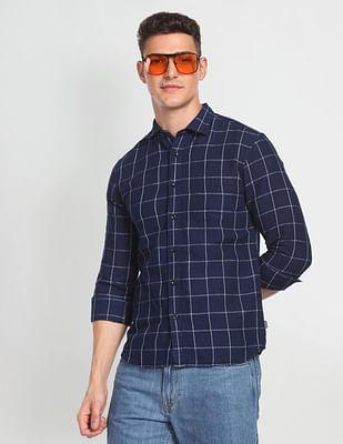 windowpane check spread collar casual shirt