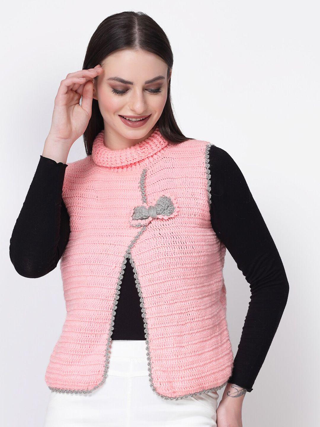 windrop solutions open knit self design turtle neck ribbed acrylic cardigan